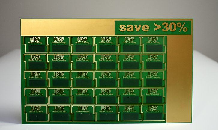 Laser-depaneling saves valuable real estate due to minimal cutting channels, thus saving PCB material and costs. Laser-depaneling saves valuable real estate due to minimal cutting channels, thus saving PCB material and costs.